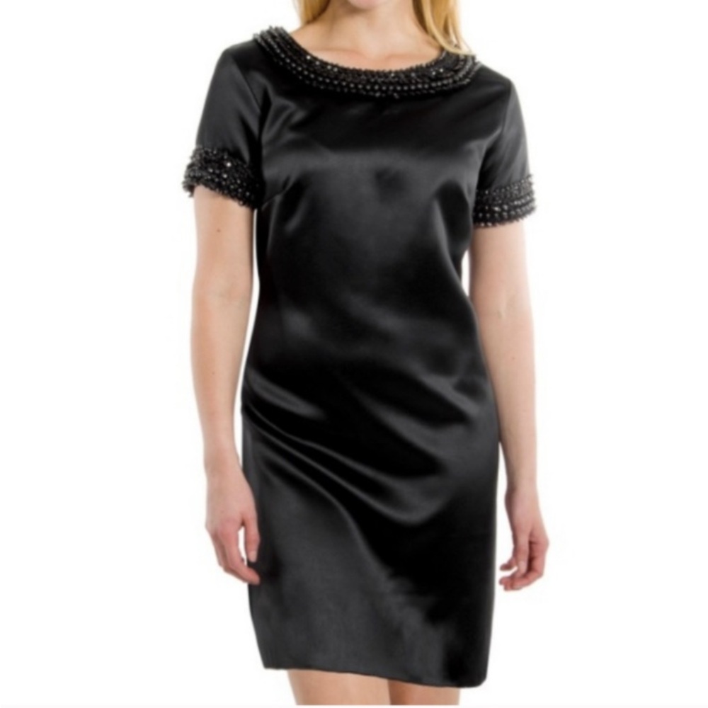 Gretchen Scott Designs Black Beaded Dress - S black satin sheath , beaded neck
